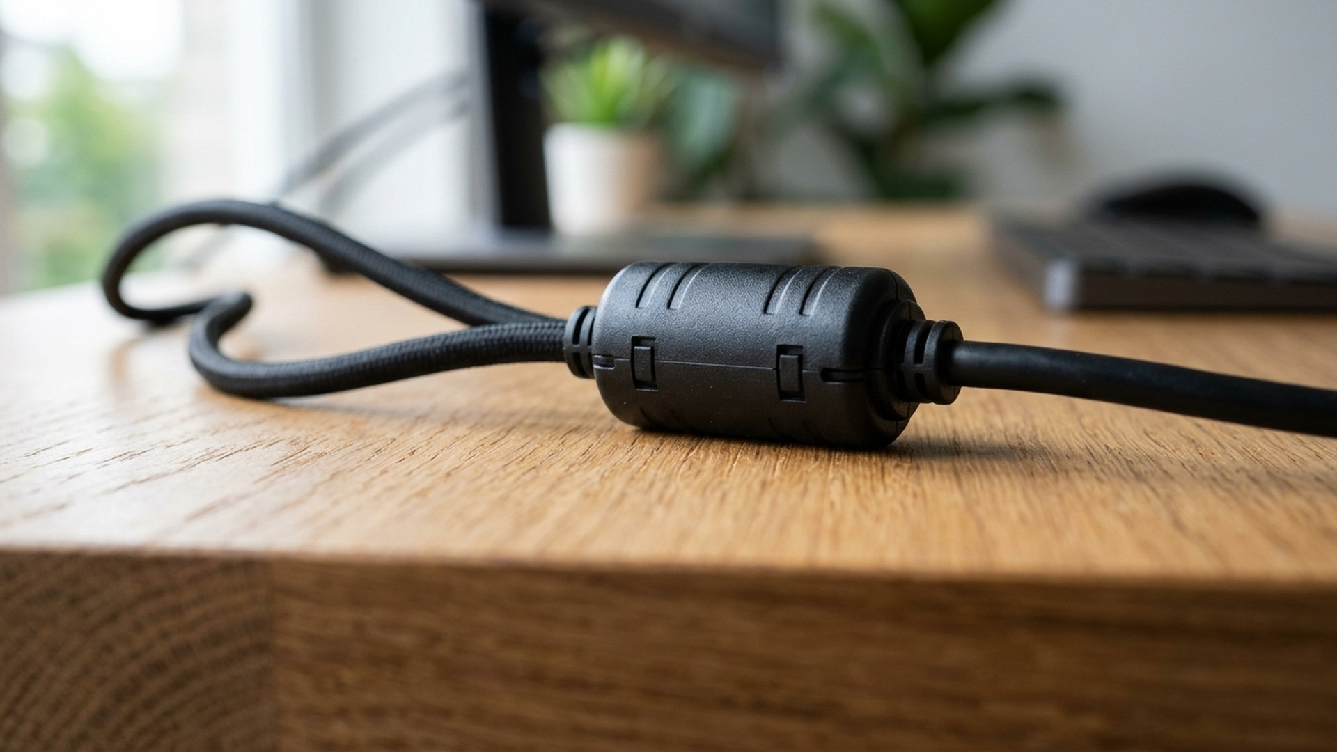 Macro view of a black laptop power cord resting on a wooden desk, highlighting the molded ferrite choke cylinder.