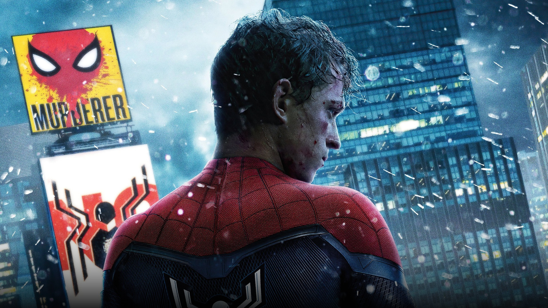 Tom Holland as Spider-Man crouching atop a New York City skyscraper in the rain.