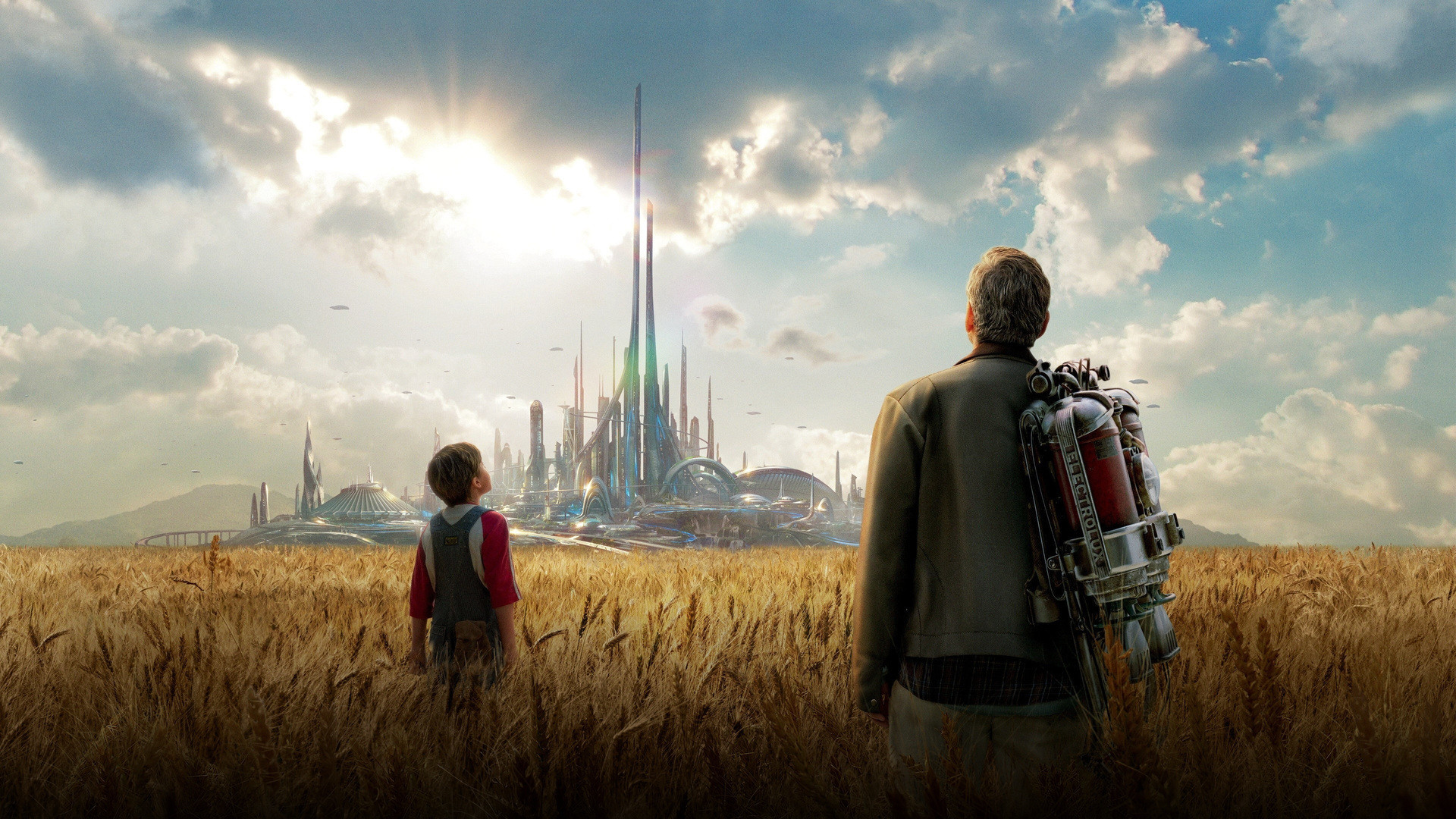 Gleaming retro-futuristic white spires and monorails of the utopian city Tomorrowland seen under a clear blue sky