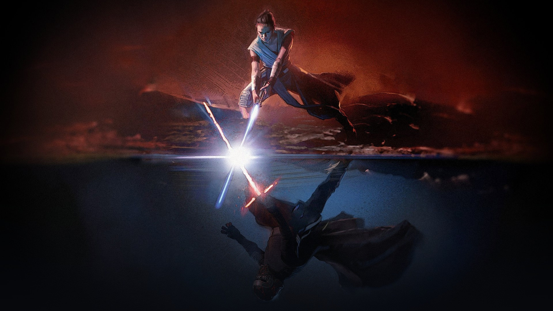 Rey and Kylo Ren confronting each other in Star Wars: The Rise of Skywalker.