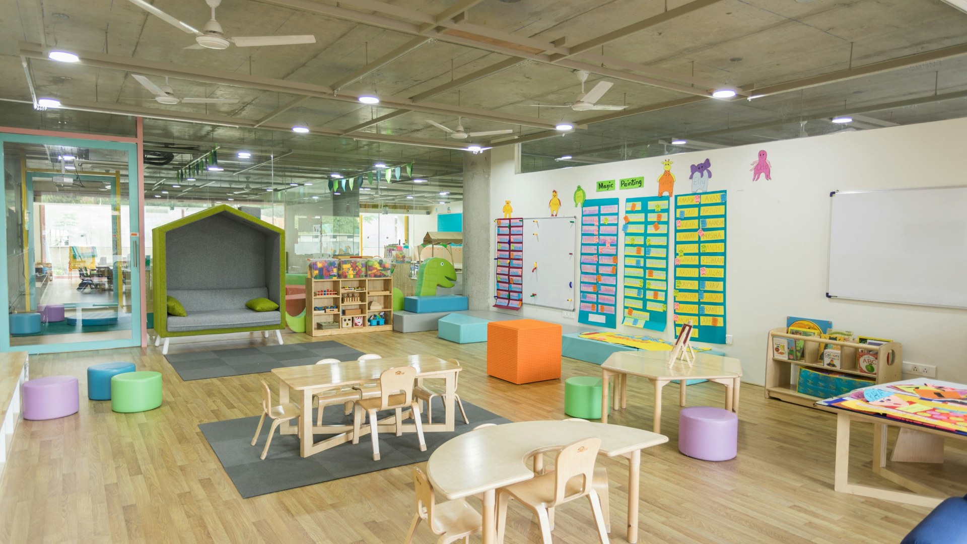 Kindergarten daycare classroom with children's learning toys