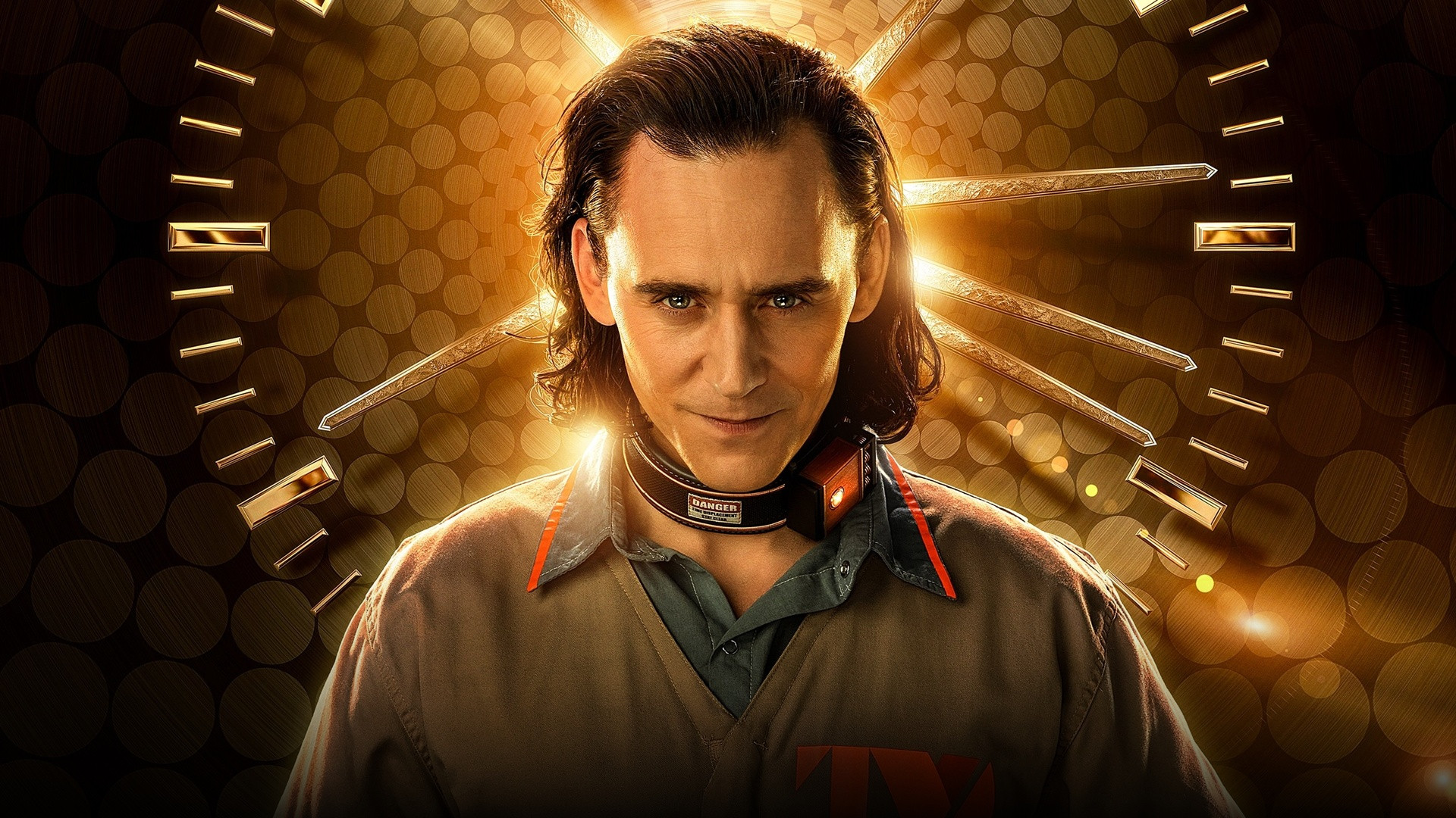 Tom Hiddleston as Loki at the Time Variance Authority with golden temporal gears.