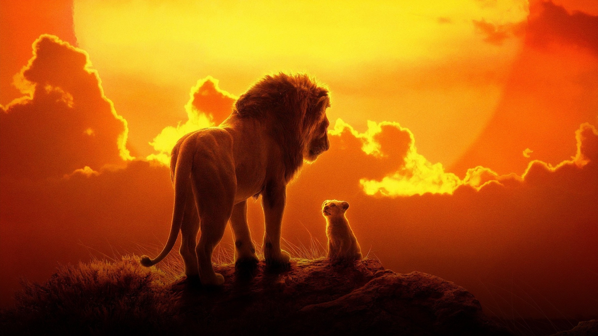 Young Simba walking beside Timon and Pumbaa against the African savanna sunset.