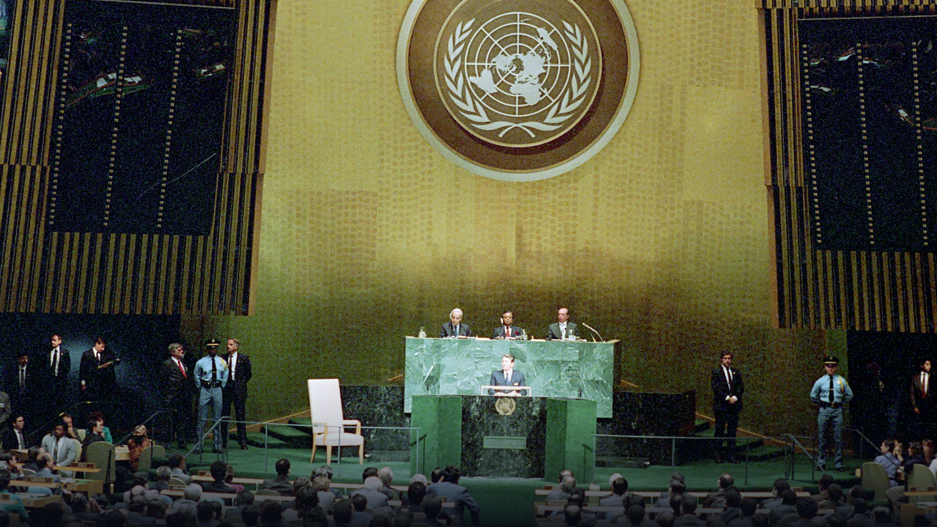 President Ronald Reagan addressing the UN General Assembly from the green marble rostrum.