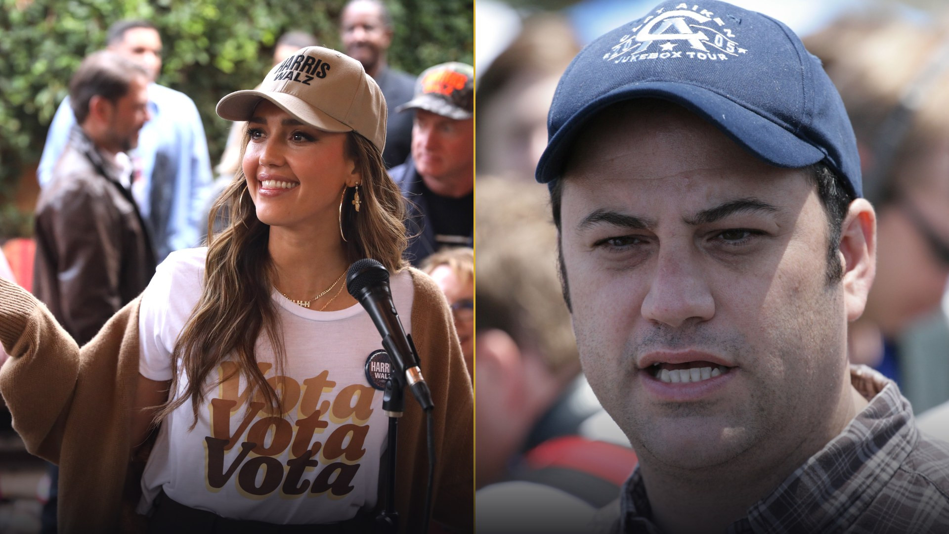 Portrait of actress Jessica Alba alongside television host Jimmy Kimmel.