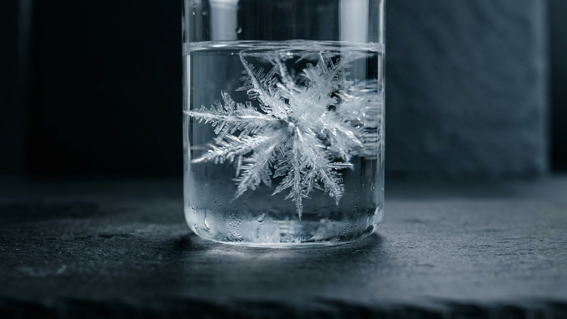 A clear glass bottle of water mid-transformation as sharp crystalline white ice spikes flash-freeze throughout the liquid.