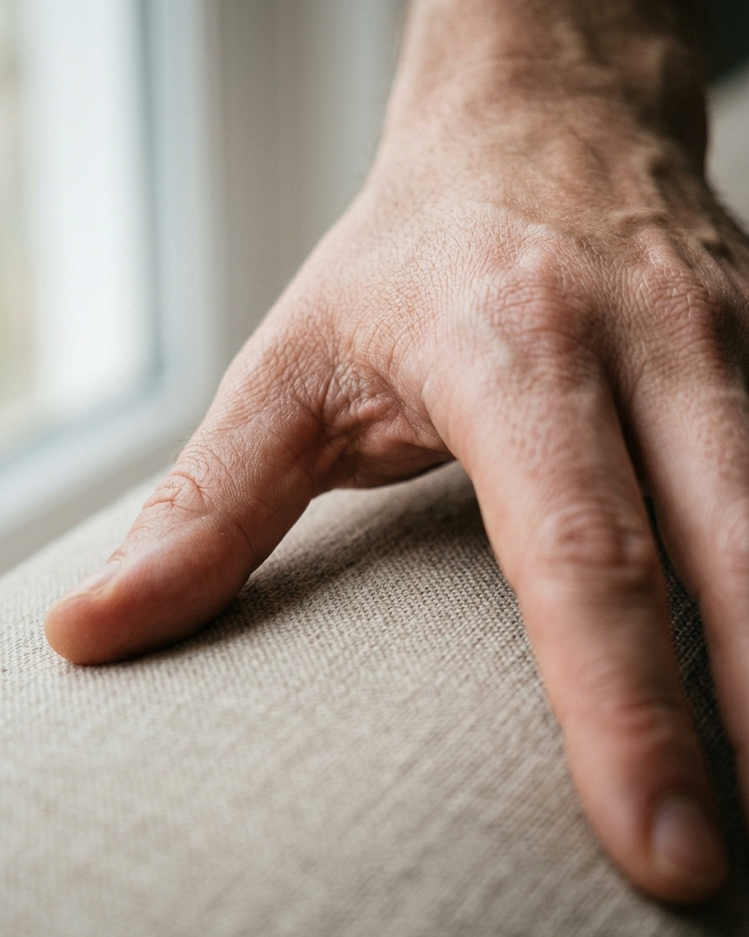 Close-up of a hand resting gently, highlighting the webbed expanse of skin between thumb and forefinger.