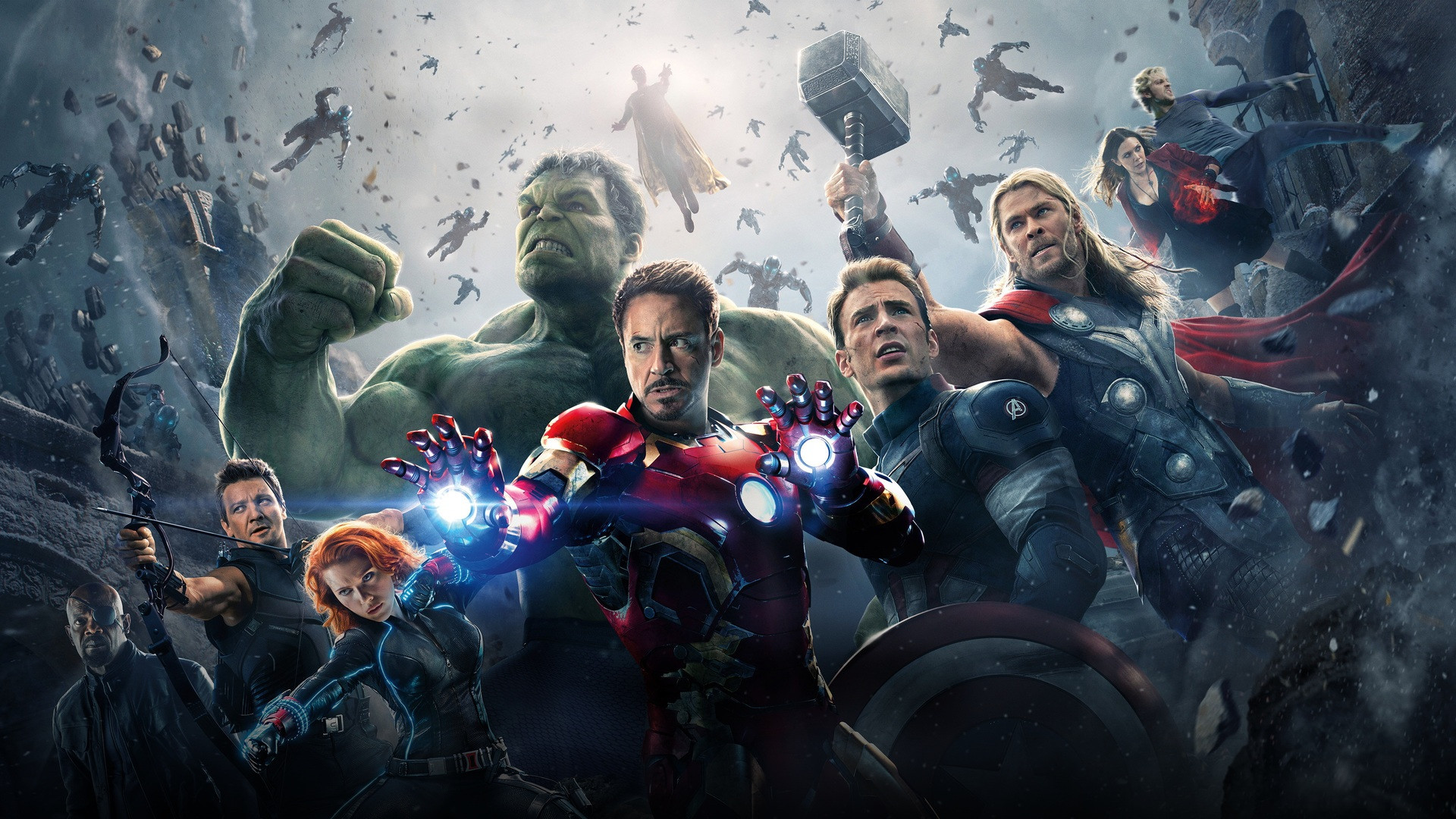 The Avengers team standing united in battle amidst swirling sparks and debris.