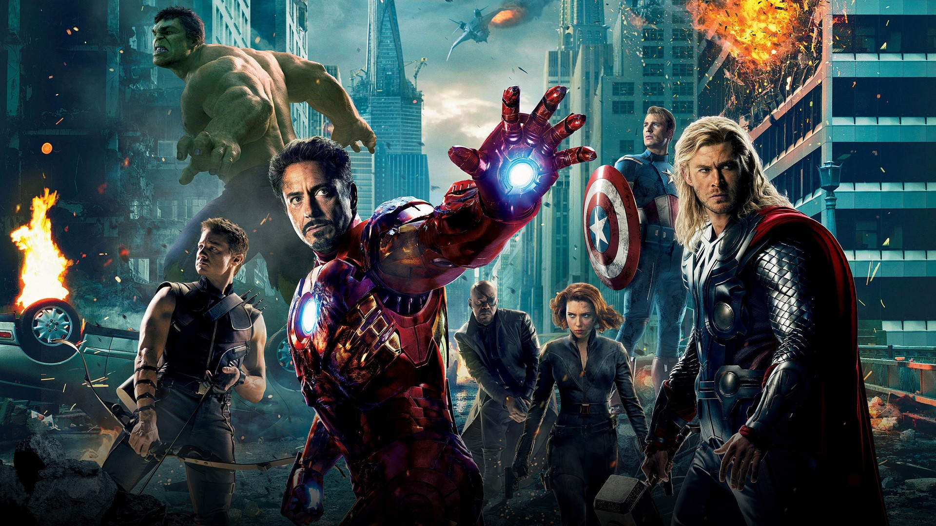 The original six Avengers assembling in battle formation in the streets of New York.