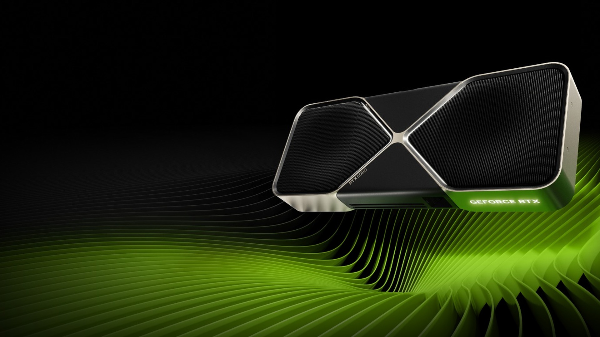 Official studio photograph of NVIDIA GeForce RTX 5080 Founders Edition dual-slot graphics card with matte black heatsink.