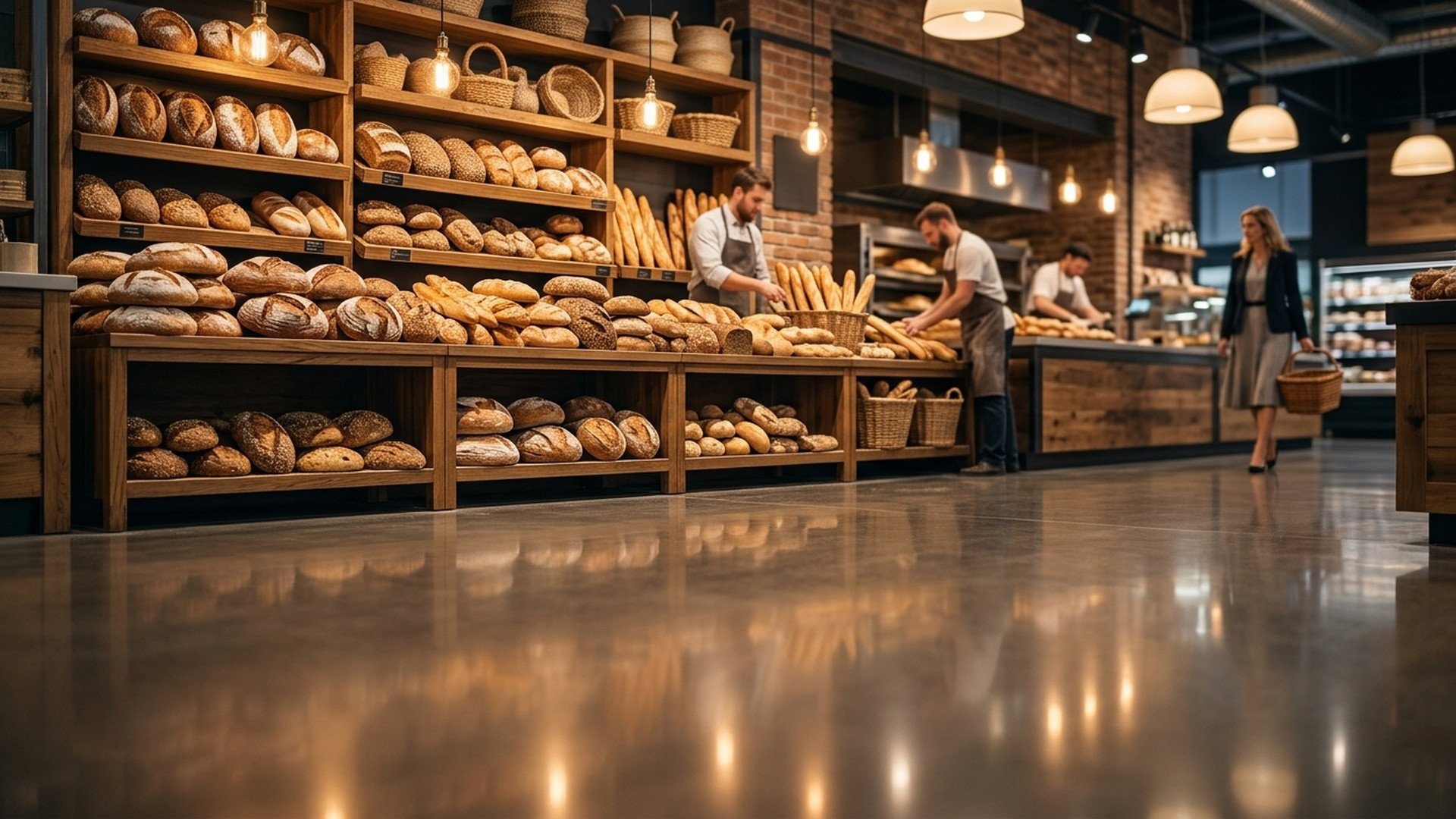Golden crusty sourdough bread loaves resting on a warm wooden bakery shelf.