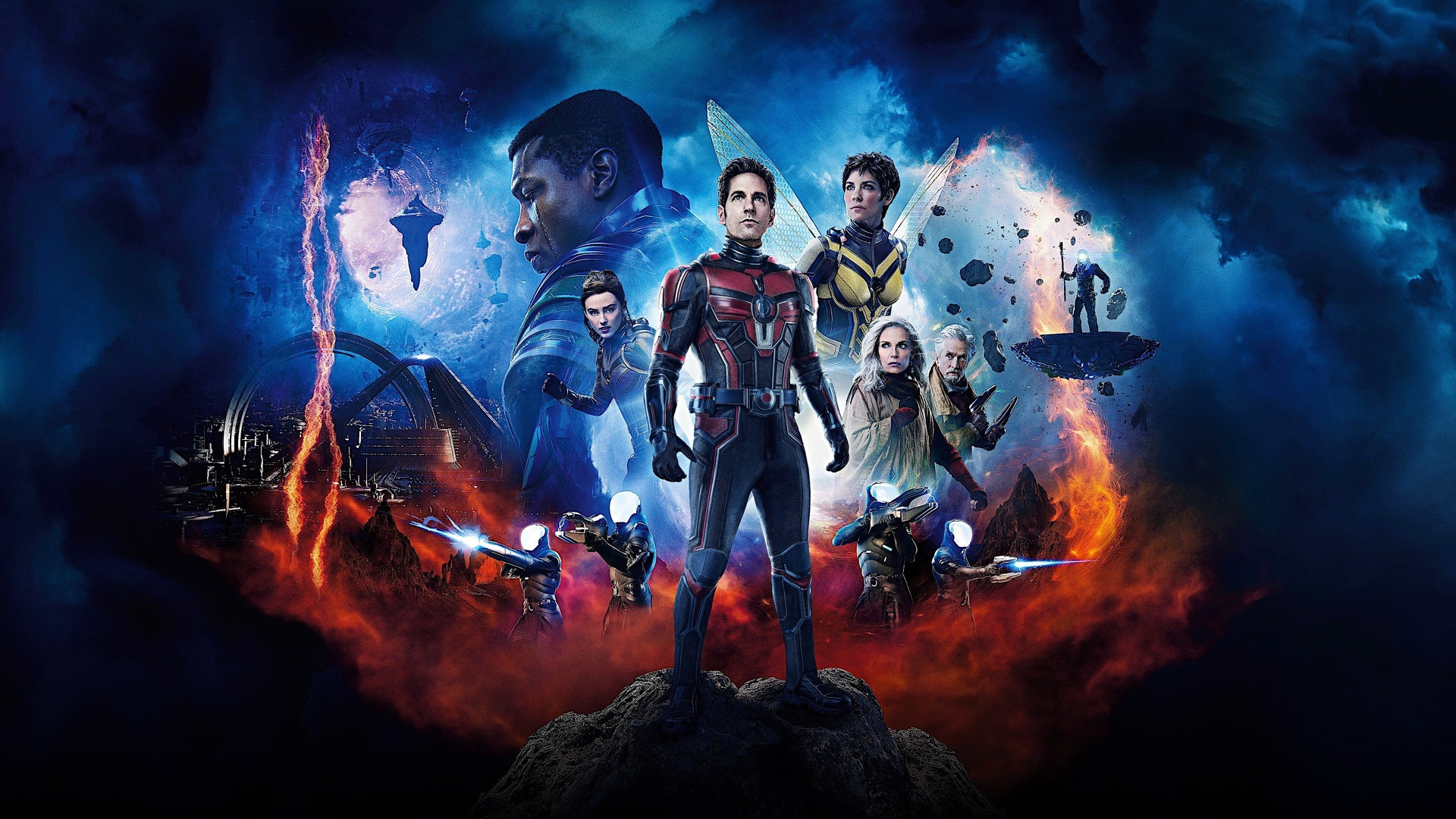 Paul Rudd as Scott Lang in Ant-Man suit alongside his family in the Quantum Realm.