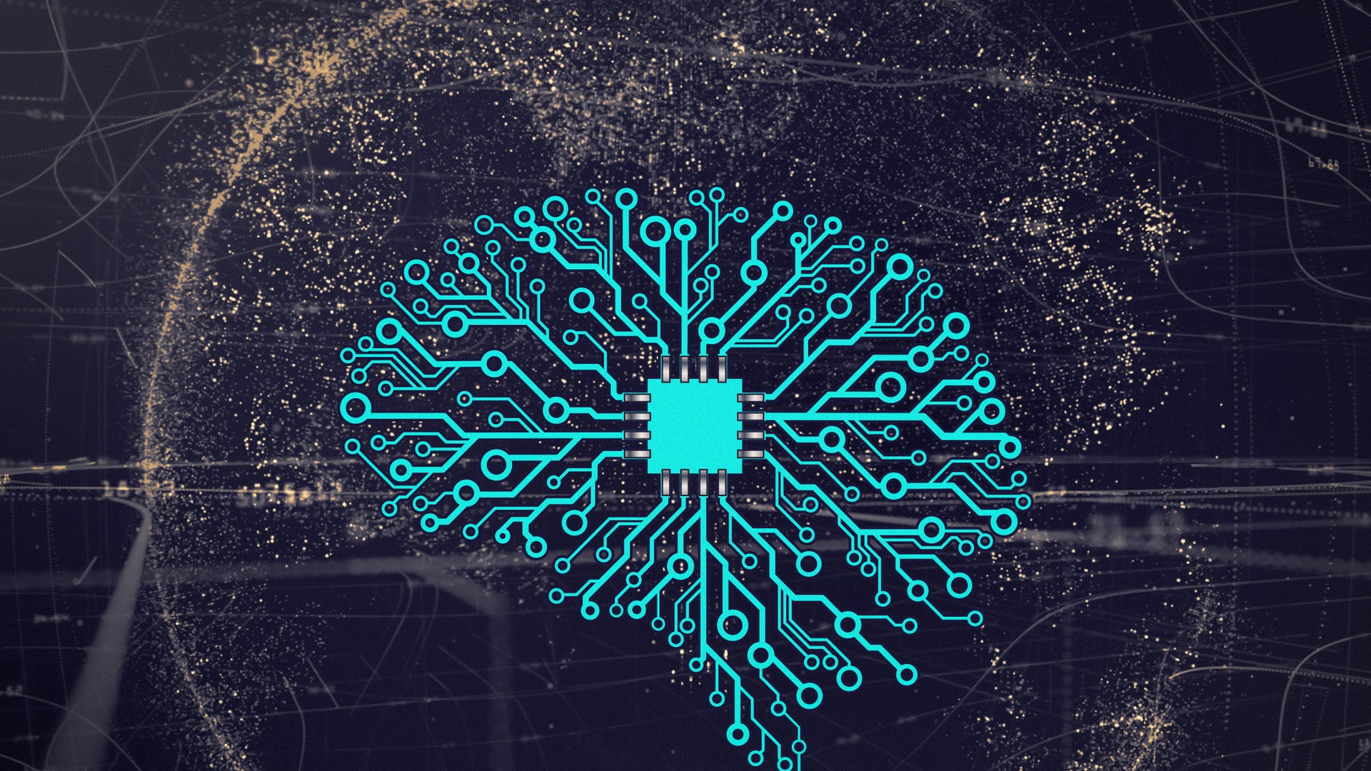 Macro view of an advanced neural network silicon processing die with glowing electronic interconnects.