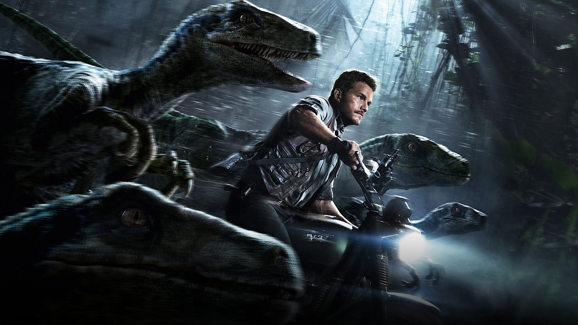 Owen Grady riding his motorcycle alongside trained velociraptors through the jungle.