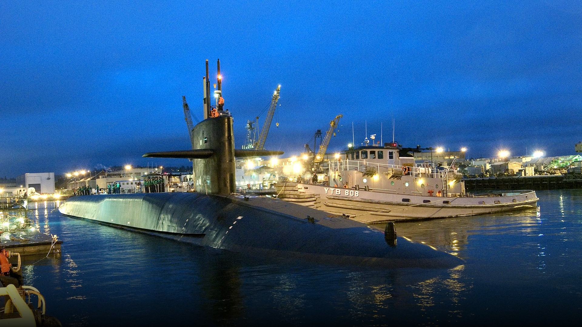 Converted guided-missile submarine USS Ohio SSGN-726 underway in Puget Sound returning from sea trials.