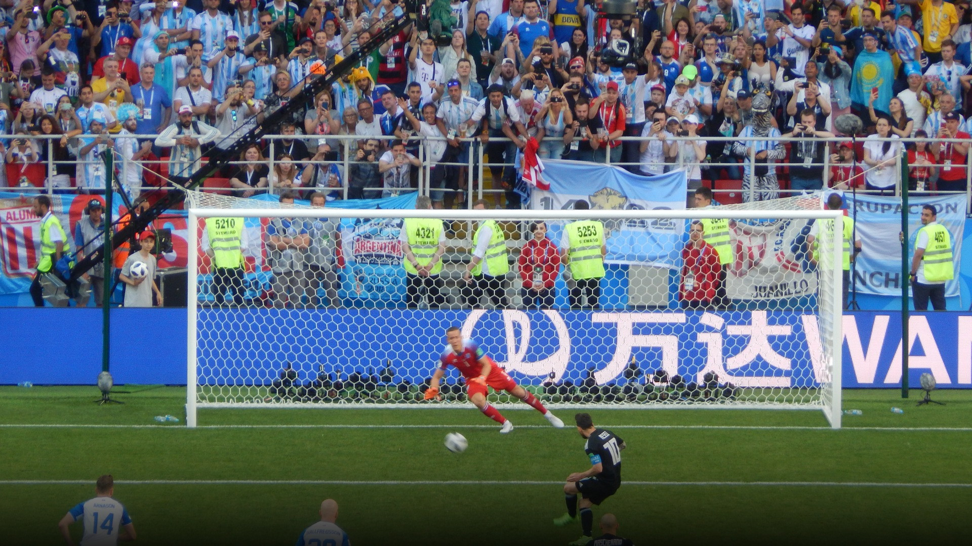 Lionel Messi executing a penalty kick for Argentina at the FIFA World Cup.