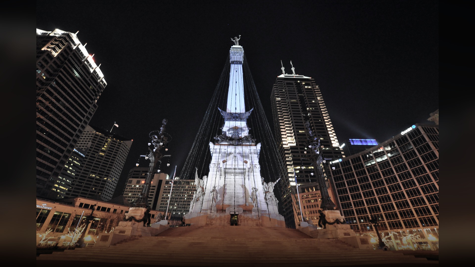 Downtown Indianapolis Indiana skyline and Monument Circle viewed from the downtown canal.