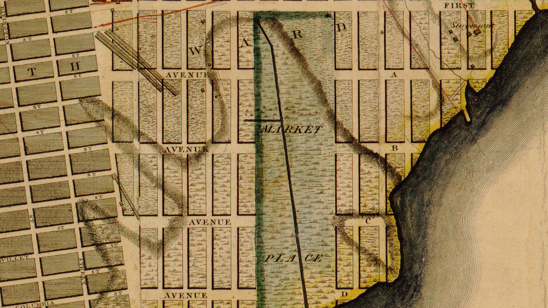 Historical 1811 Commissioners Plan map showing Manhattan street grid layout