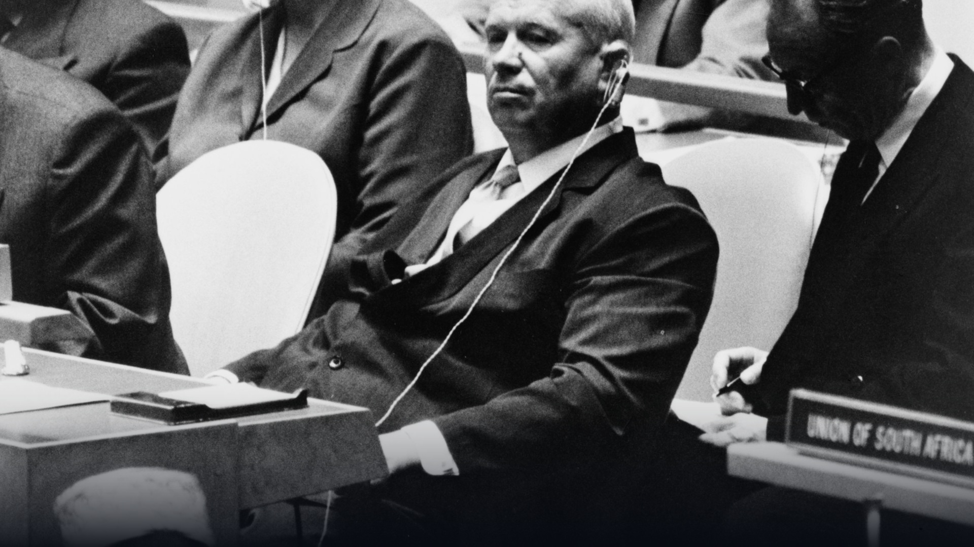Historical photograph of Soviet Premier Nikita Khrushchev at the United Nations in 1960.