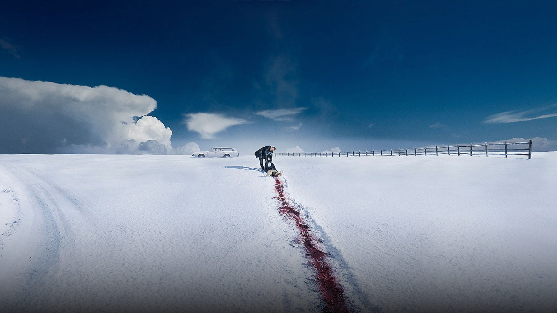Billy Bob Thornton as Lorne Malvo dragging a body across snow in Fargo Season 1