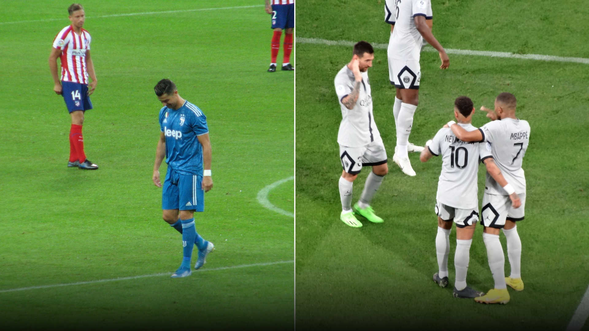 Split screen showing Cristiano Ronaldo competing in marquee global matches and Lionel Messi with PSG.