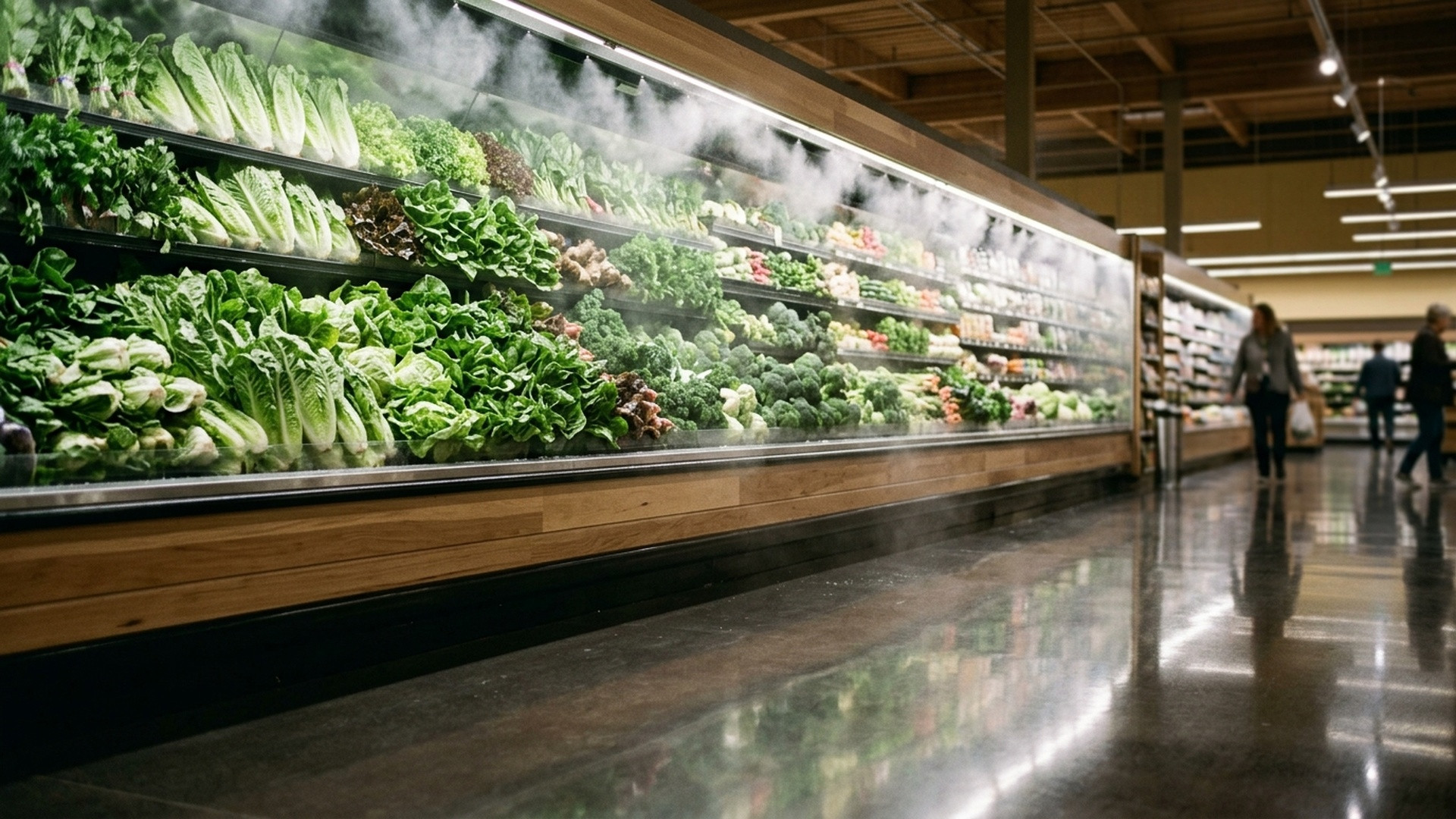 Delicate water droplets misting over fresh green cabbage, lettuce, and broccoli leaves in grocery display.