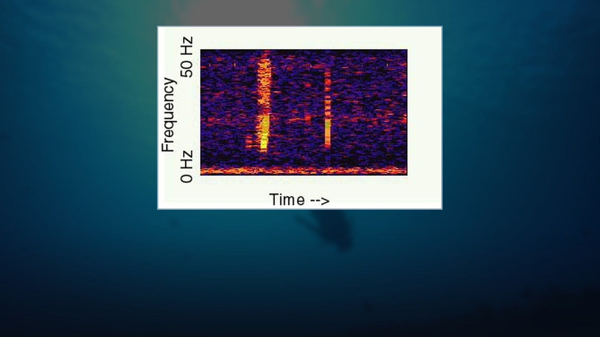 Scientific frequency spectrogram visualization of the ultra-low frequency oceanic Bloop sound recorded in 1997 on deep ocean background.