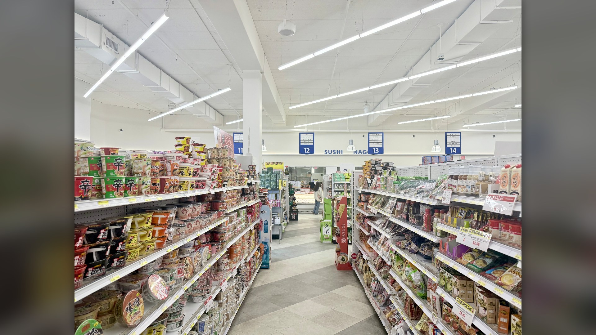 Aisles of Japanese groceries and snacks inside Mitsuwa Marketplace
