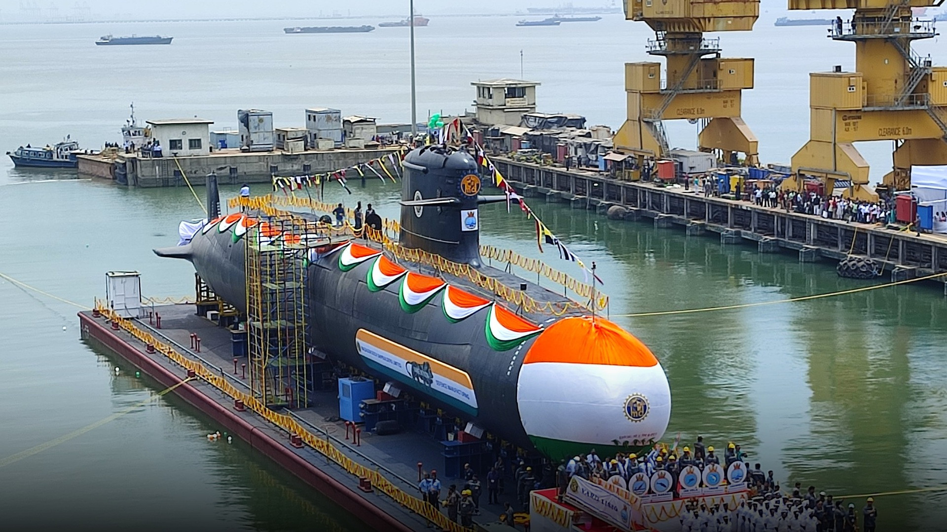 Indian Navy Kalvari-class Scorpene submarine Vagsheer at launch ceremony