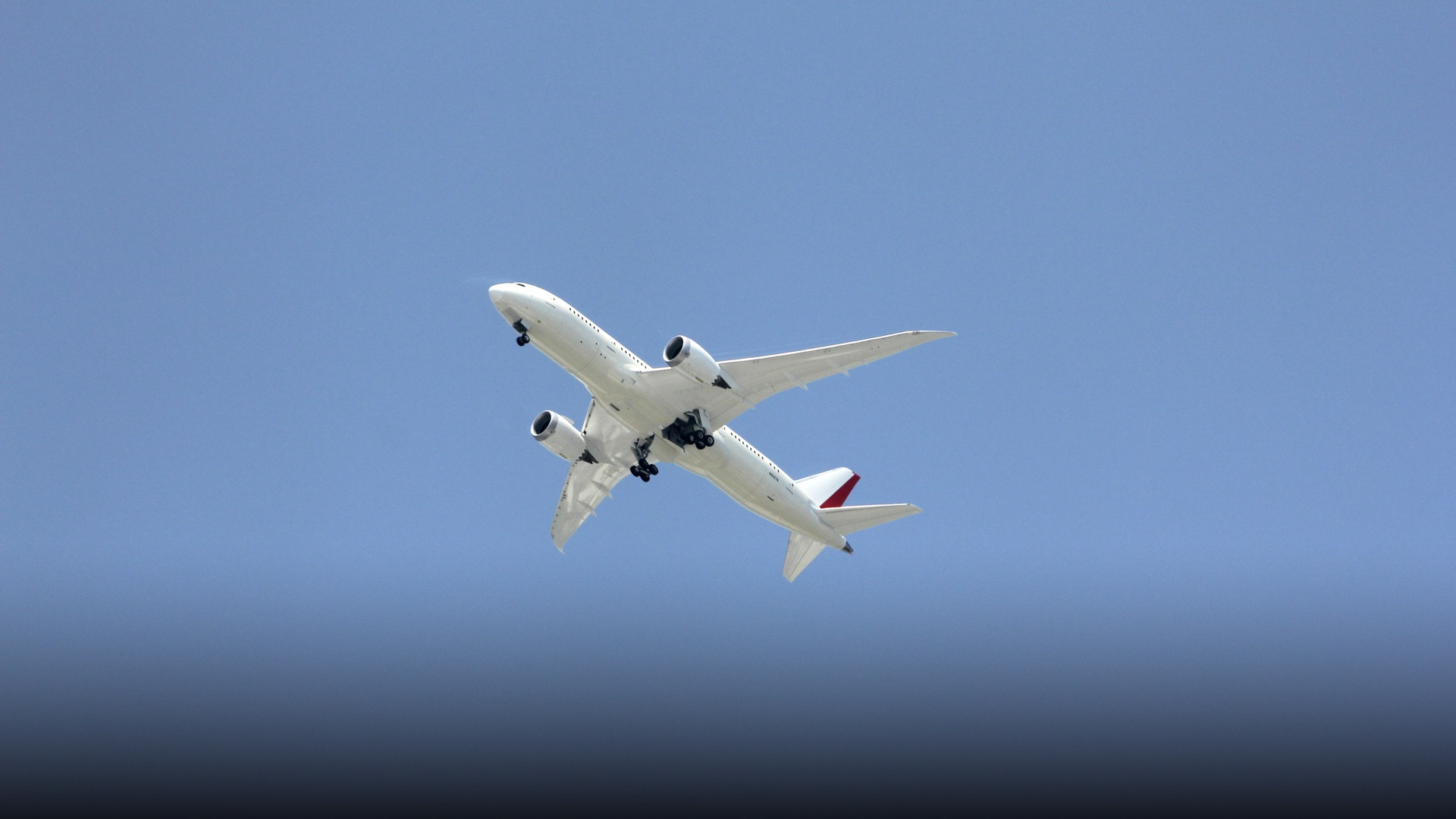 A Boeing 787-8 Dreamliner in flight against a clear blue sky during a demonstration flight.