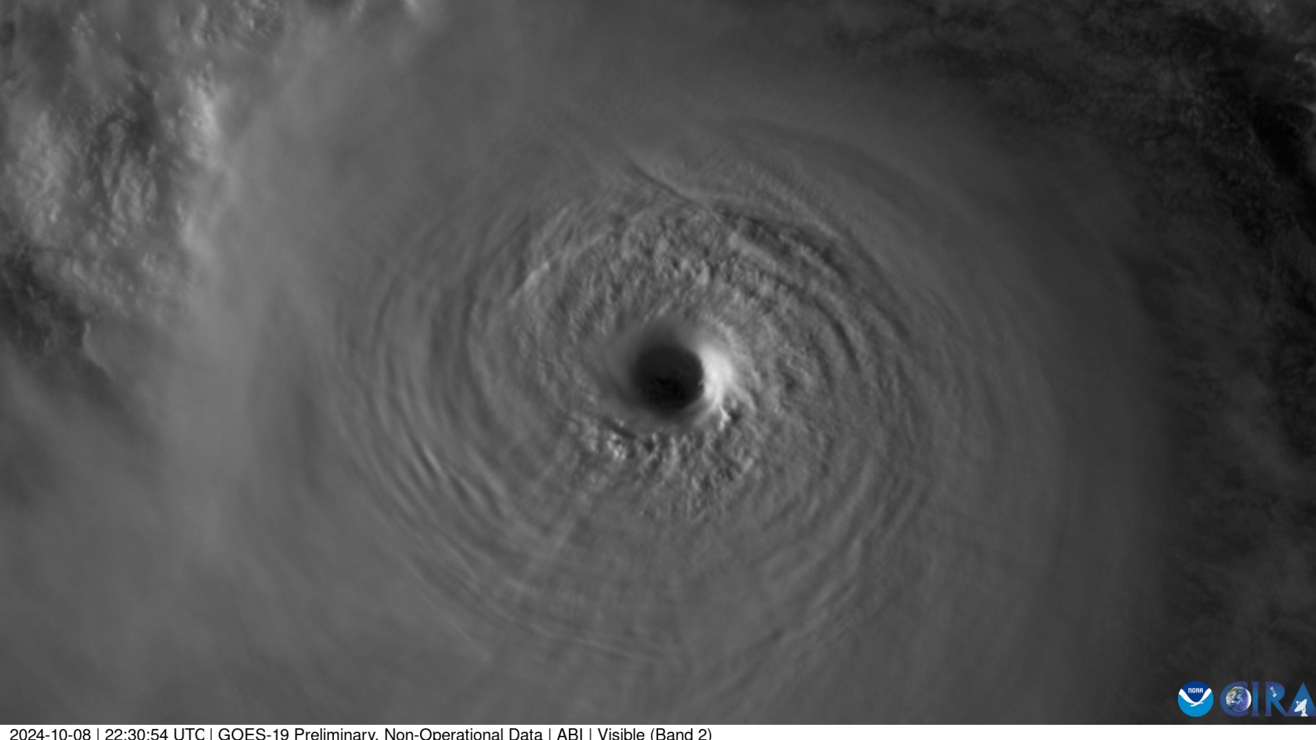 True-color GOES-19 satellite capture of Hurricane Milton's pinhole eye in the Gulf of Mexico.