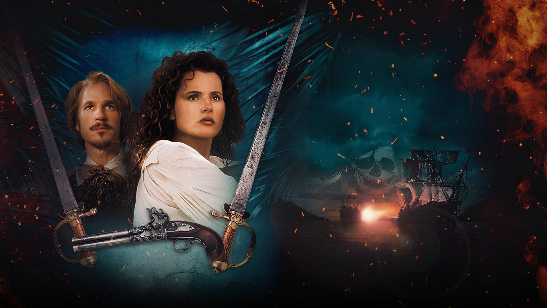 Geena Davis and Matthew Modine brandishing flintlocks and cutlasses before an exploding pirate ship.