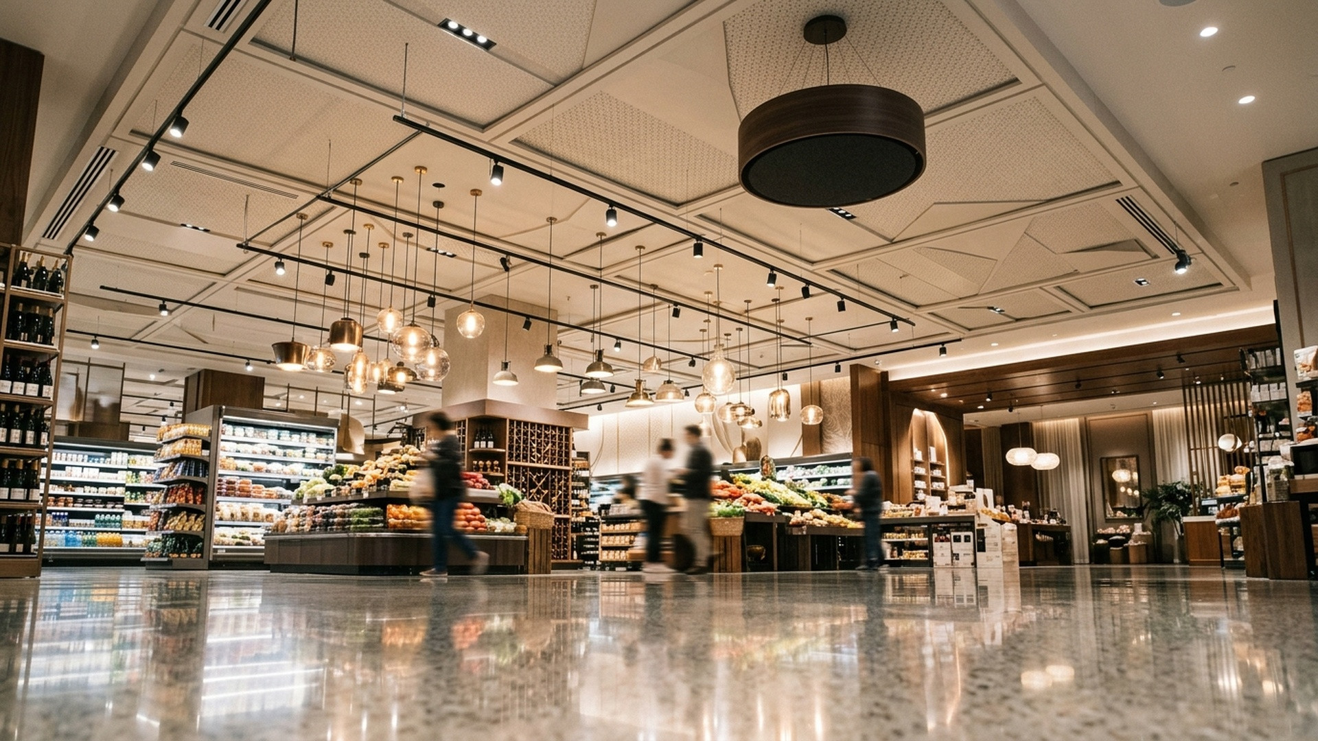Acoustic ceiling speaker mounted above sleek modern grocery aisle shelves with ambient lighting.