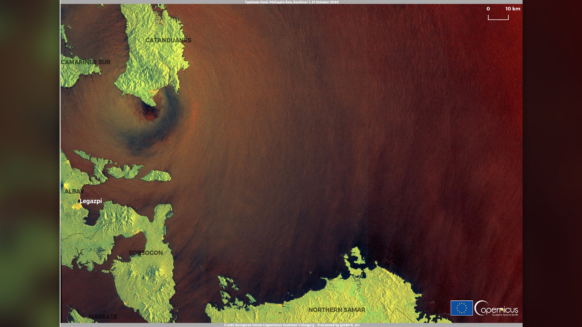Copernicus satellite visualization of Super Typhoon Goni making record-breaking landfall in the Philippines.