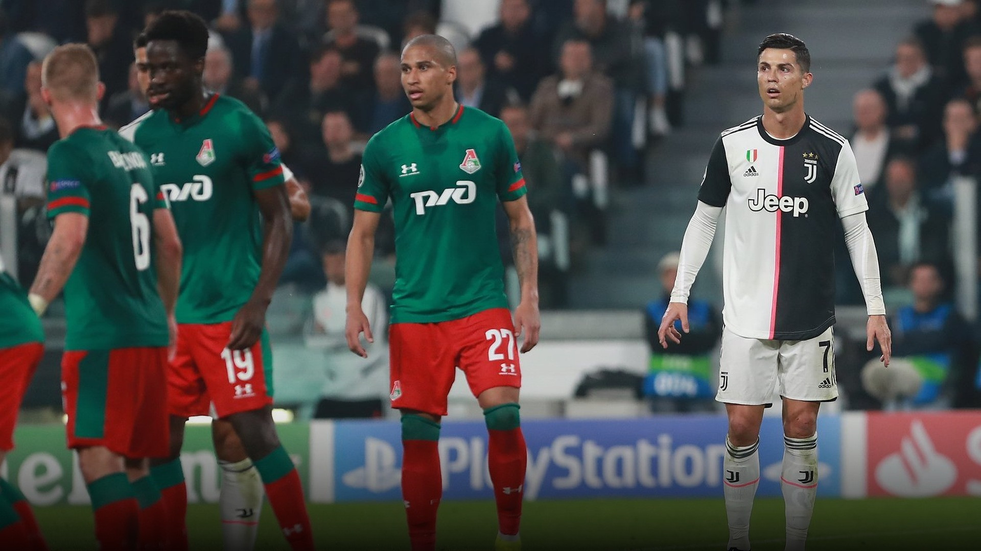 Cristiano Ronaldo in explosive goalscoring action for Juventus in European competition.