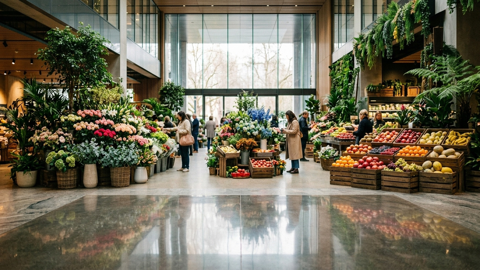 Vibrant buckets of fresh cut flowers, eucalyptus, and roses at the entrance of a grocery market.