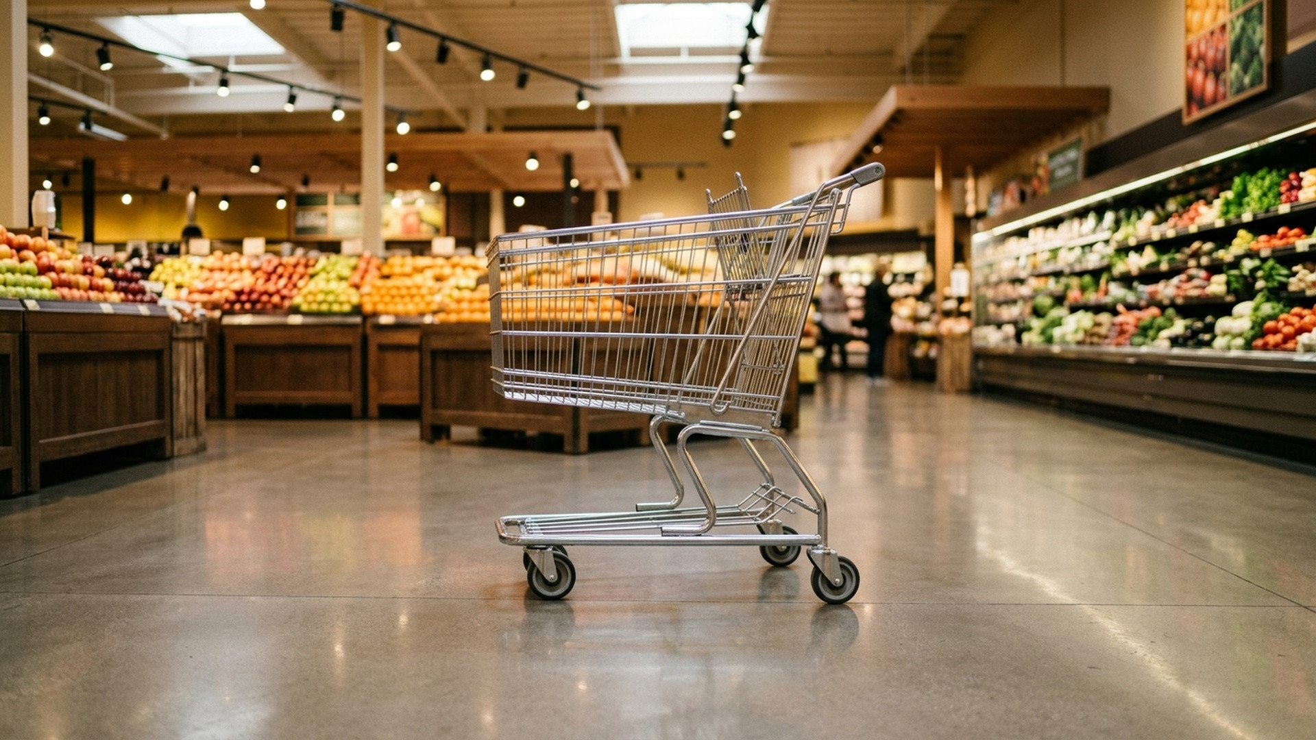 Close-up perspective down into the gleaming metal grid of an empty chrome shopping cart.