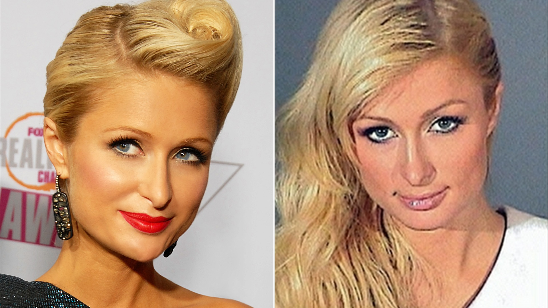 Paris Hilton 50/50 clean split: glamorous celebrity portrait vs 2007 orange prison uniform booking photo