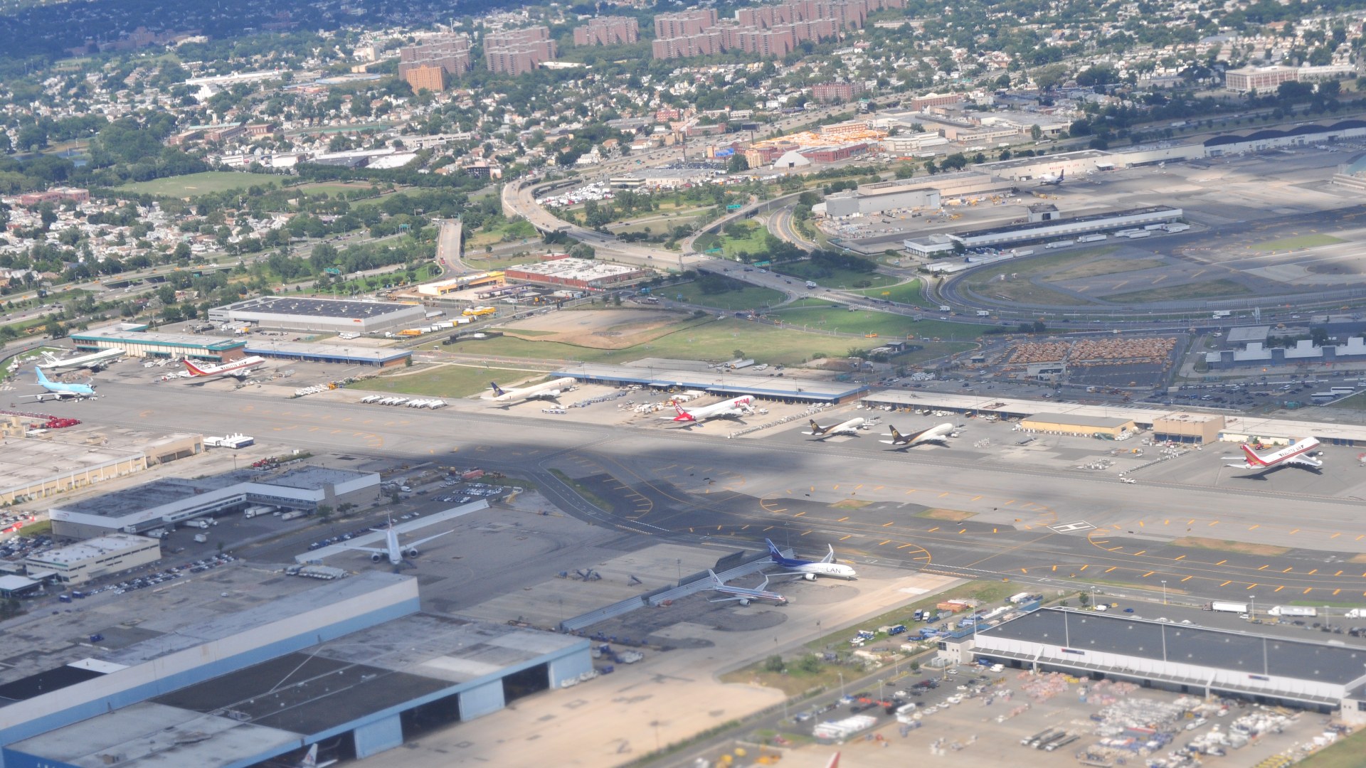 Aerial view of the cargo terminal buildings and tarmac at John F. Kennedy International Airport in New York.