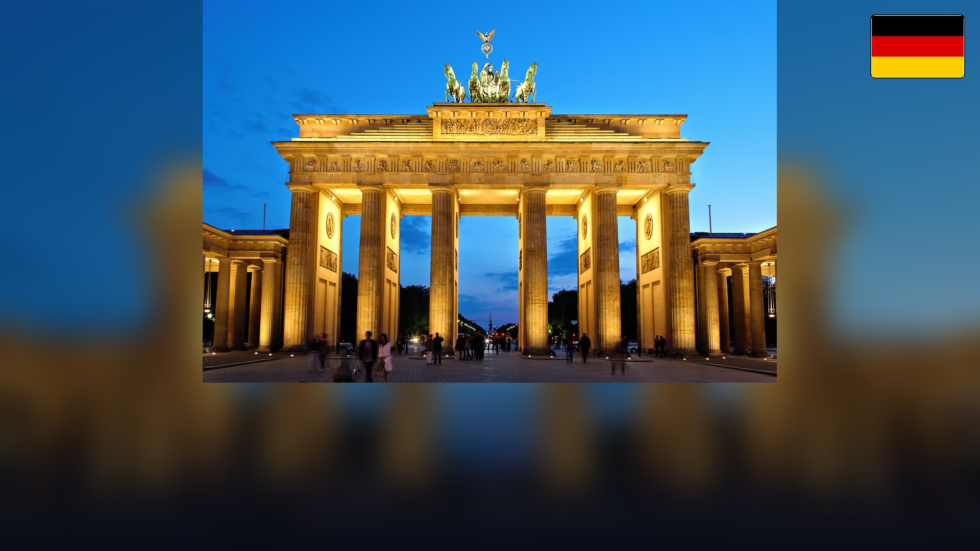 Brandenburg Gate in Berlin with the German flag in the top right corner.