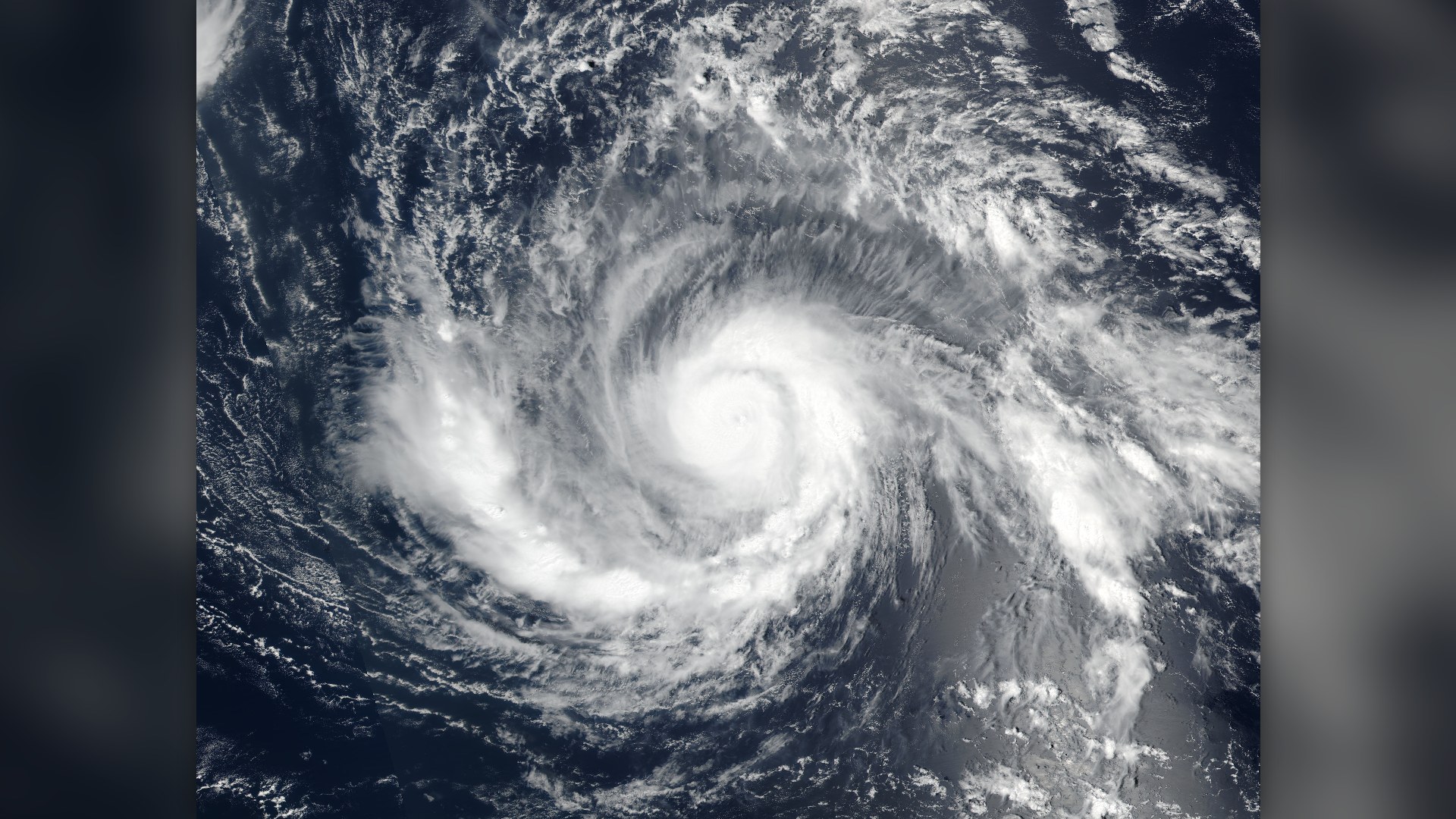 Suomi NPP VIIRS satellite view of Hurricane Irma's symmetrical eye and spiral bands in September 2017.