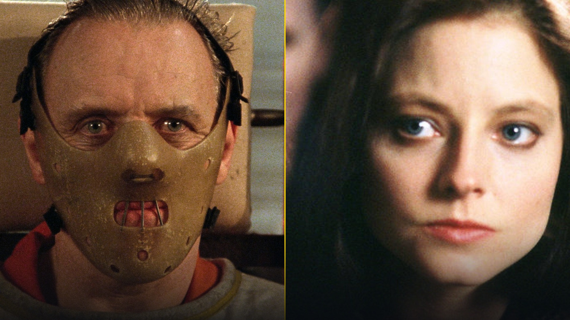 50/50 face-off split featuring Anthony Hopkins as Dr. Hannibal Lecter restrained in an iconic face mask on the left and Jodie Foster as Clarice Starling on the right.