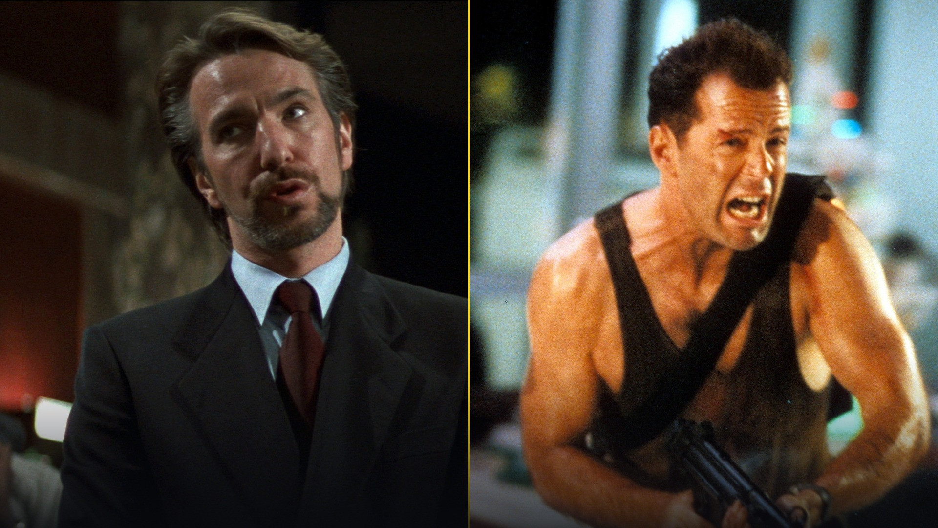 50/50 face-off split featuring Alan Rickman as Hans Gruber in a tailored suit on the left and Bruce Willis as John McClane in a tank top with a weapon on the right.