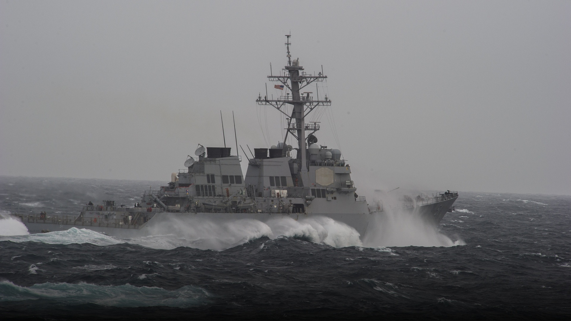 Guided-missile destroyer USS Arleigh Burke DDG-51 underway in the Atlantic Ocean during a strait transit exercise.