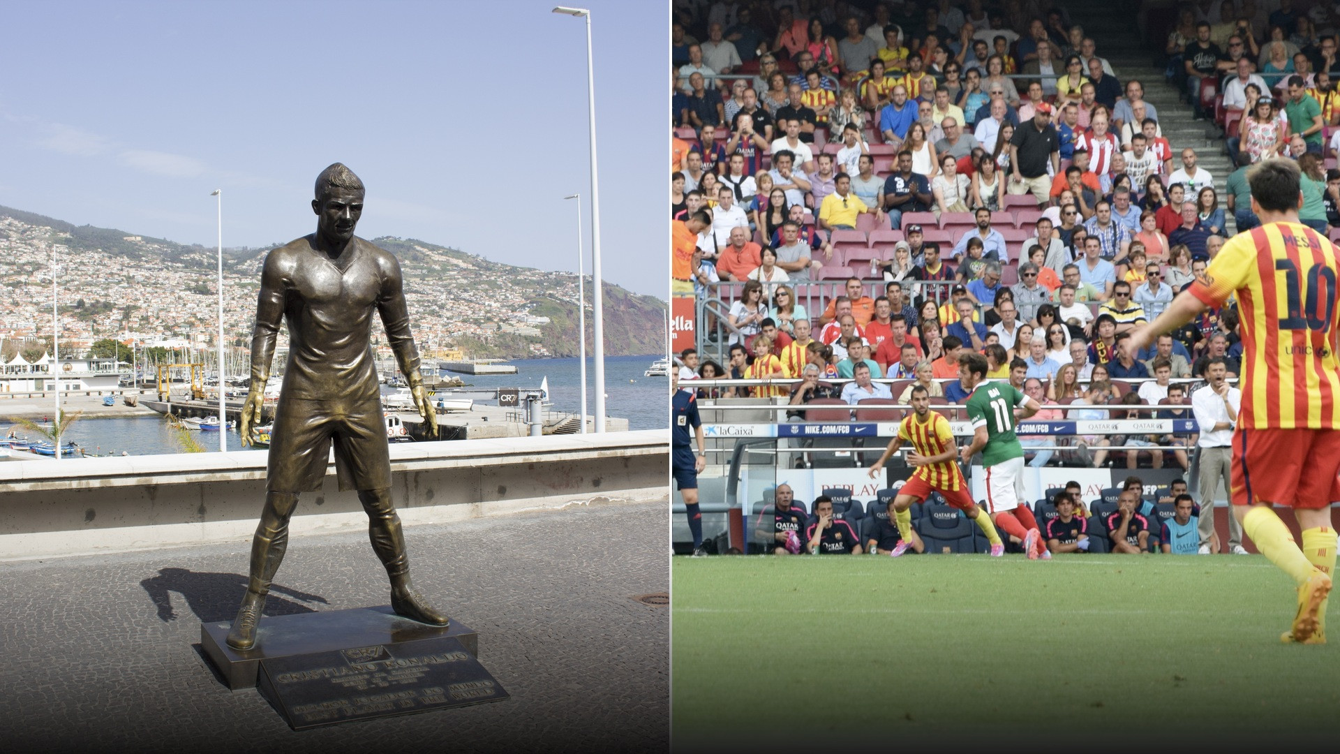 Split screen comparison showing breakout young Cristiano Ronaldo on the left and young Lionel Messi at Camp Nou on the right.