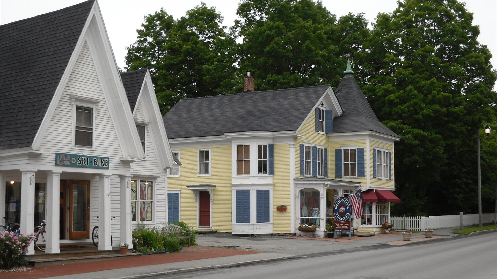 Classic white New England clapboard buildings in downtown Woodstock, Vermont