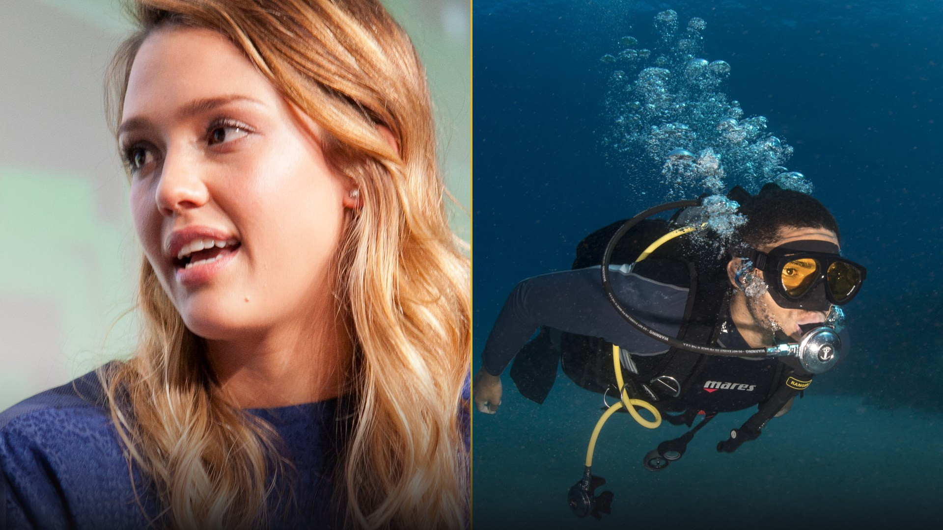 Actress Jessica Alba in an elegant lace gown alongside clear open-water coral reefs.