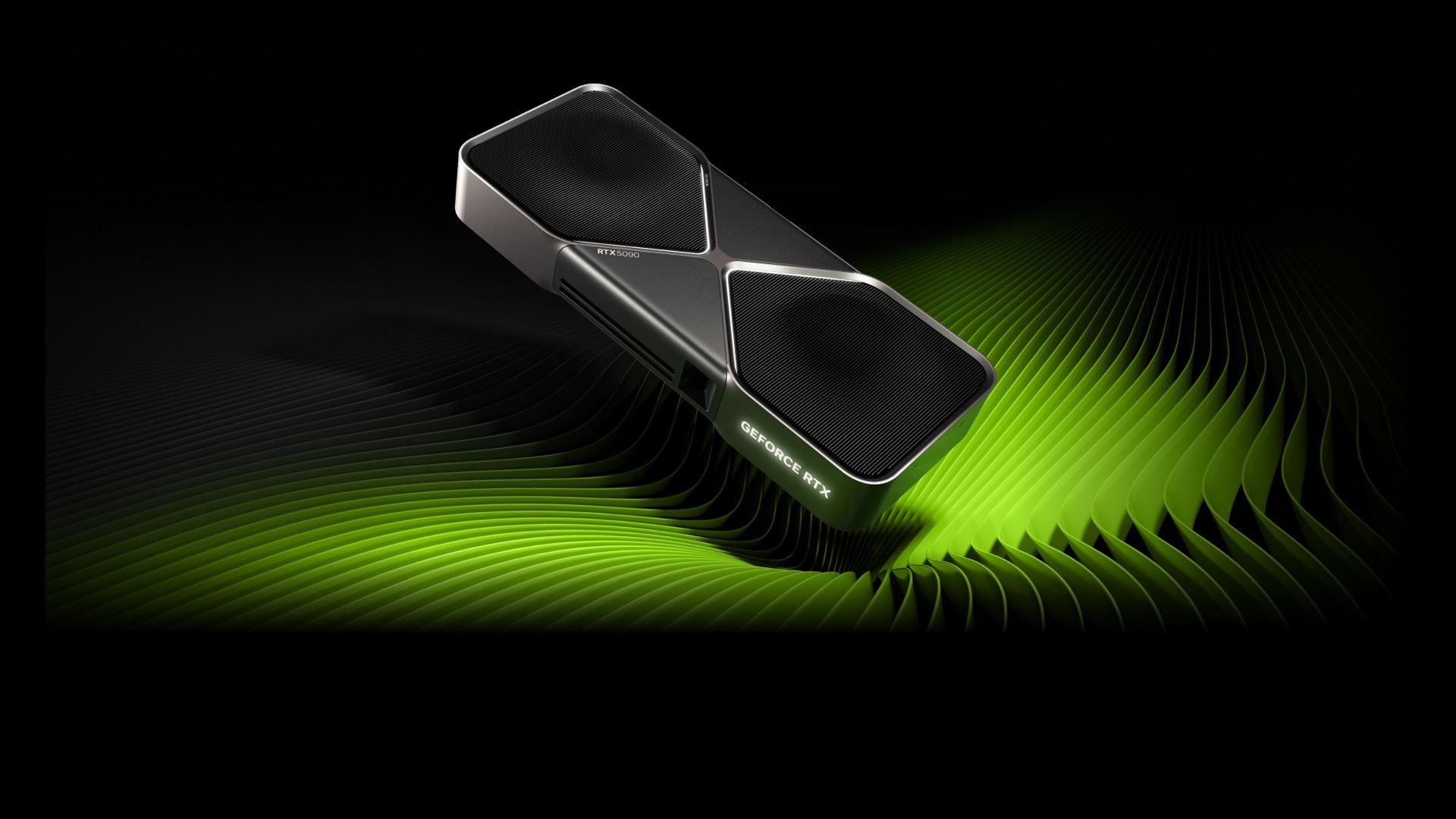 Official studio photograph of the flagship NVIDIA GeForce RTX 5090 Founders Edition graphics card featuring flow-through fan architecture.