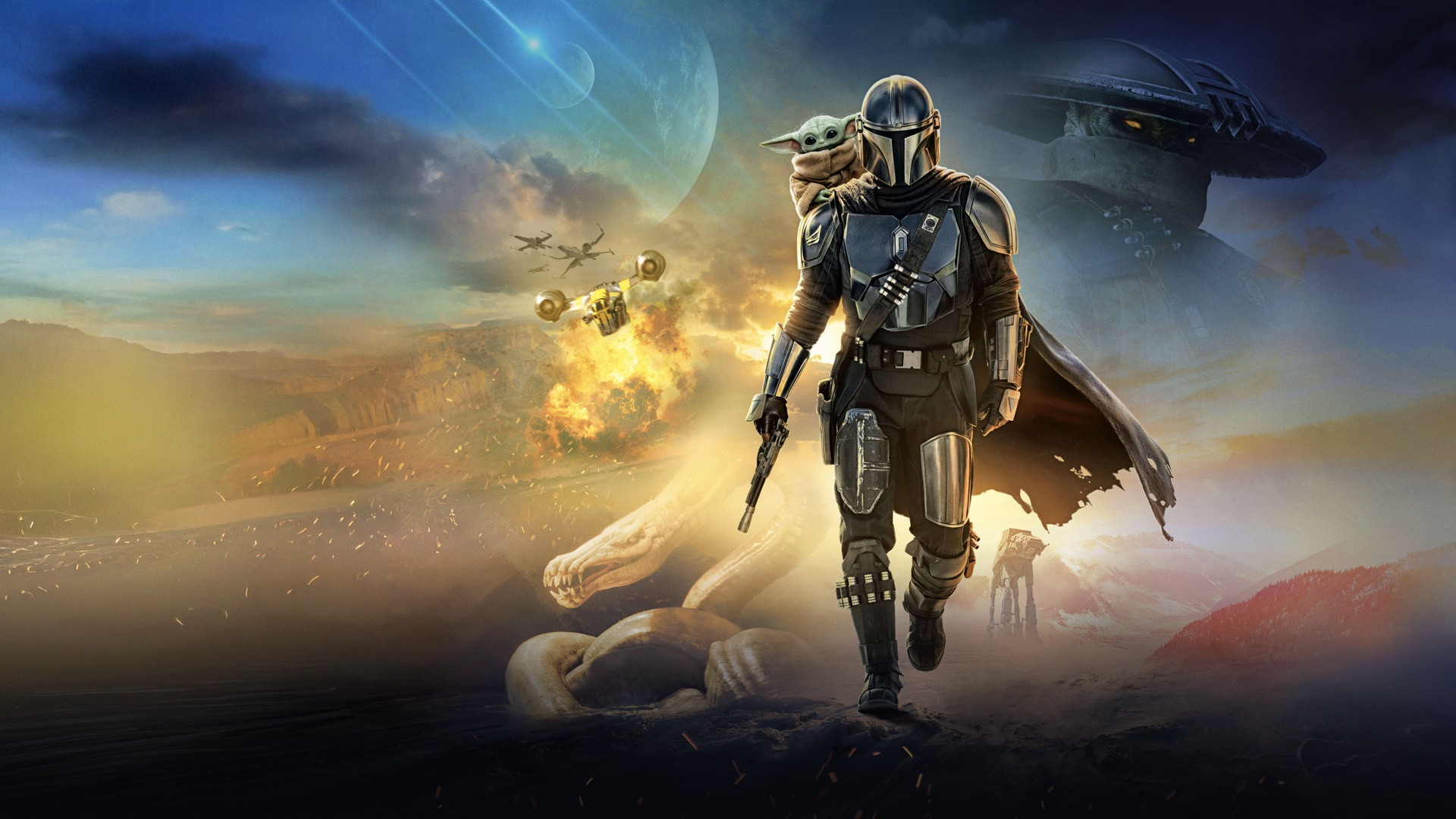 Din Djarin in beskar armor holding a blaster alongside Grogu looking up from his hovering pram.