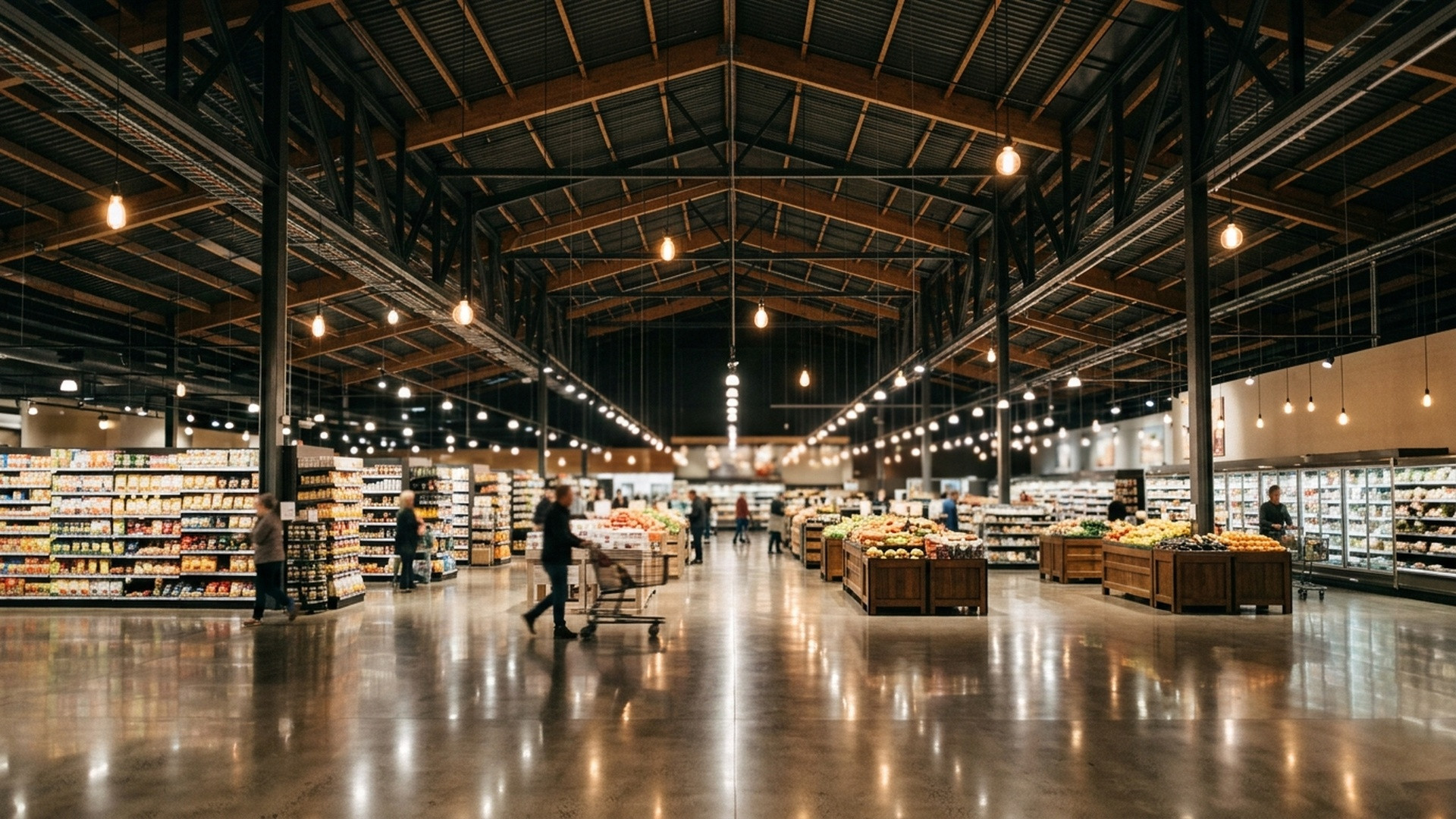 Clean modern architectural view of high supermarket ceiling with ambient industrial lamps and no windows.